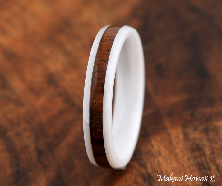 4mm Oval High Tech White Ceramic Koa Wood Wedding Ring